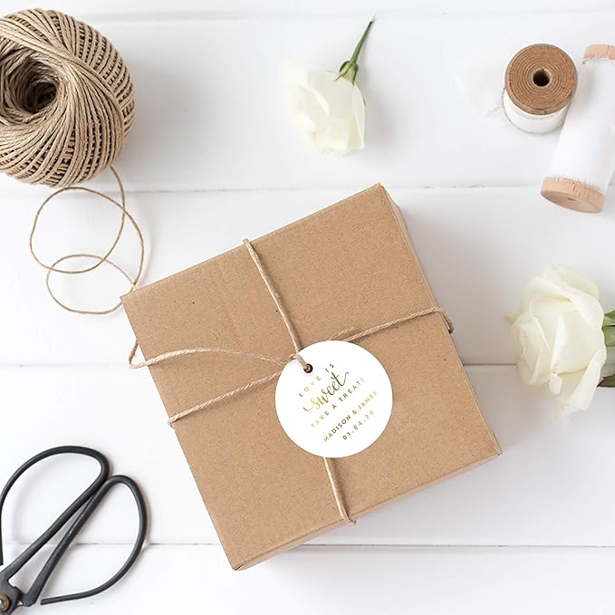 Andaz Press Personalized Round Circle Wedding Gift Tags, Metallic Gold Ink, Love is Sweet Take a Treat, 24-Pack, Custom Made Any Name, Not Gold Foil
