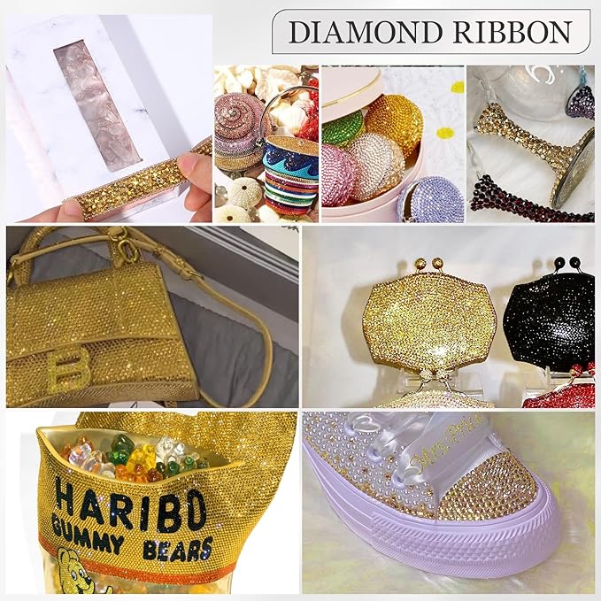 Rhinestone Ribbon 3 Yards Self Adhesive Rhinestone Strips Diamond Ribbon Sticker Crystal Roll Glitter Bling Rhinestones Tape for Crafting DIY Art Decoration (Gold,0.6 Inch)