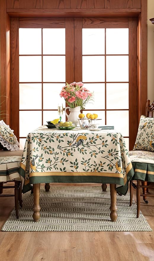 patdrea Designer Vintage French Floral Square Tablecloth,Yellow Brids Green Leaves Pattern Linen Table Cloth,Decor Kitchen Dining Holiday Banquet Christmas,Thanksgiving,Party,67"x67"-Warbler