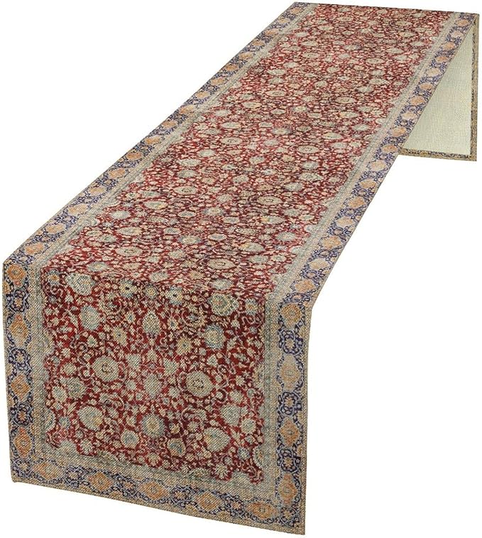 Boho Bohemia Style Table Runner, Vintage Red Blue Retro Flower Rustic Country Style Floral Print Pattern for Home Kitchen Table Decor Dining Coffee Room Garden Party Decor 13x108in