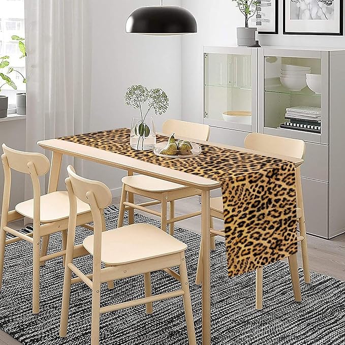 Leopard Print Dinning Table Runner, Cotton Linen Rustic Cottage Country Farm Safari Wildlife Fur Print Table Runners for Table Dresser Runner Dinning Kitchen Party Holidays Home, 13x60 Inch