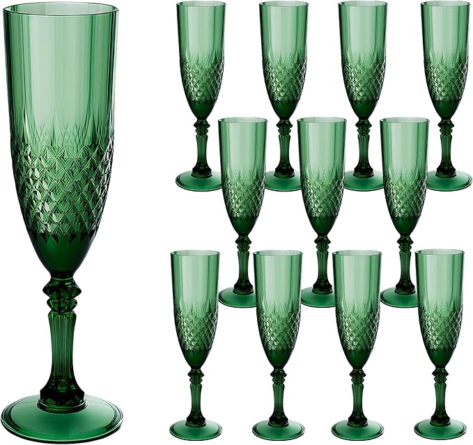 Plastic Champagne Flutes, 12PCS Dark Green Wine Glasses Goblets Cups Reusable Flute, for Christmas Weddings Bachelor Parties Toasting and Events(12, Dark Green)