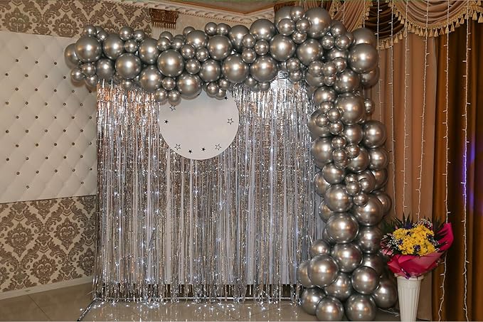 Foil Fringe Curtains Party Decorations - Melsan 3 Pack 3.2 x 8.2 ft Tinsel Curtain Party Photo Backdrop for Birthday Party Baby Shower or Graduation Decorations (Pure Silver)