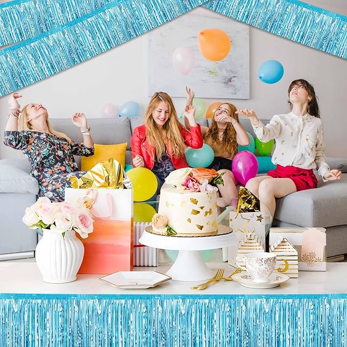 4 Pack 10 Ft Light Blue Foil Fringe Garland Metallic Streamers Tinsel Banner Wall Hanging Garland Backdrop for Parade Floats, Halloween, Christmas, Thanksgiving, New Year Party Decorations