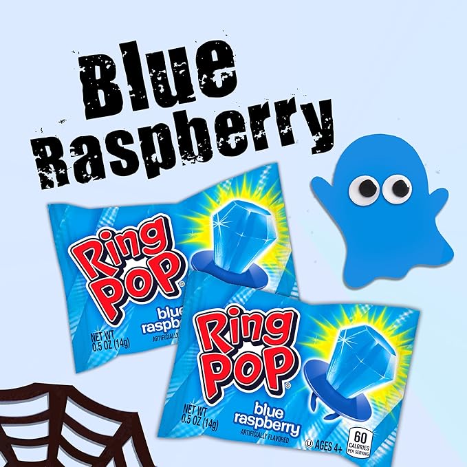 Ring Pop Individually Wrapped Blue Halloween Candy, 30 Ct Bulk Lollipop Pack, Raspberry Flavored Lollipop Suckers for Kids, Fun Candy Bulk for Trick or Treat, Halloween Bowls, Gifts, Party Favors