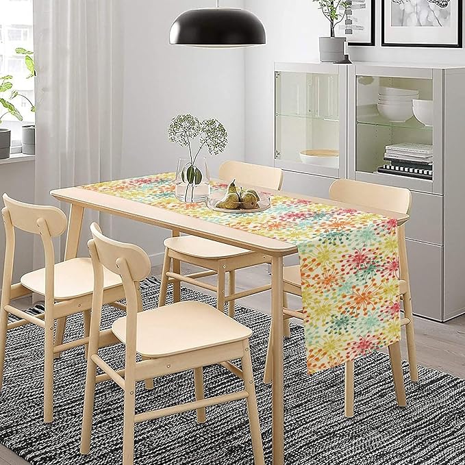 Mid Century Flower Table Runner, Colorful Geometric Abstract Chrysanthemum Vintage Farmhouse Decorations Orange Yellow Gray Table Runner for Kitchen Dining Holiday Party Decor, 13x36 Inch