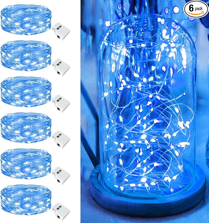 6 Pack Fairy Lights Battery Operated - 7ft 20 Led Twinkle Lights 3 Modes, Bulk Mini String Lights Waterproof for Mason Jars Vases DIY Party Wedding Decoration Christmas -Blue