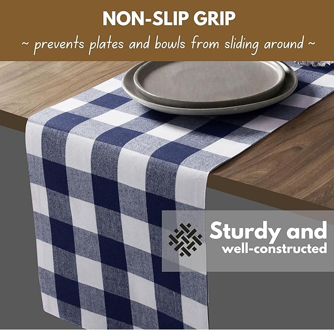 Native Fab Buffalo Check Table Runner, 100% Cotton, 13x108 Inches, Rustic Farmhouse Kitchen and Dining Décor, Perfect for Christmas, Winter, Weddings, Holiday Gatherings, Navy Blue & White