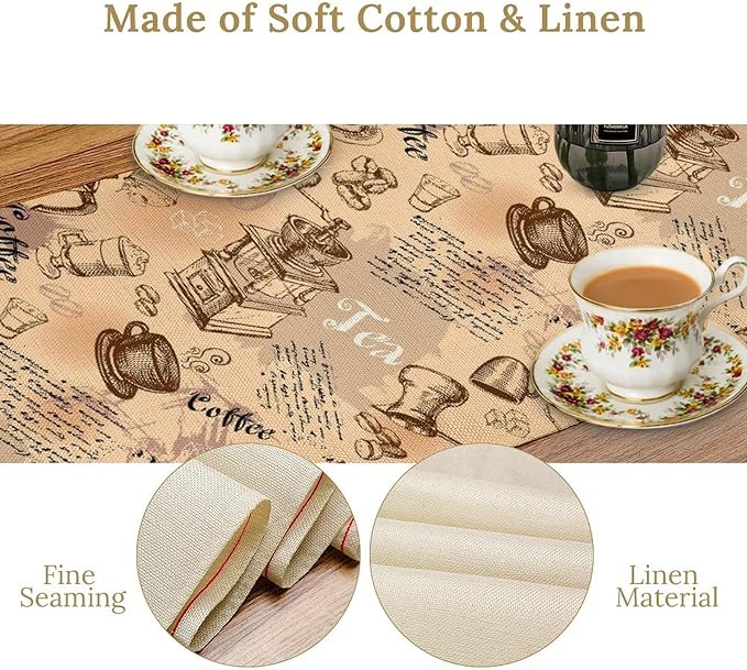 Coffee Theme Table Runner, Rustic Farmhouse Coffee Cup Tea Party Cafe Table Center Decor for Home Kitchen Dining Patio Holiday Party Indoor Outdoor Table Decorations,13"x108" Inch
