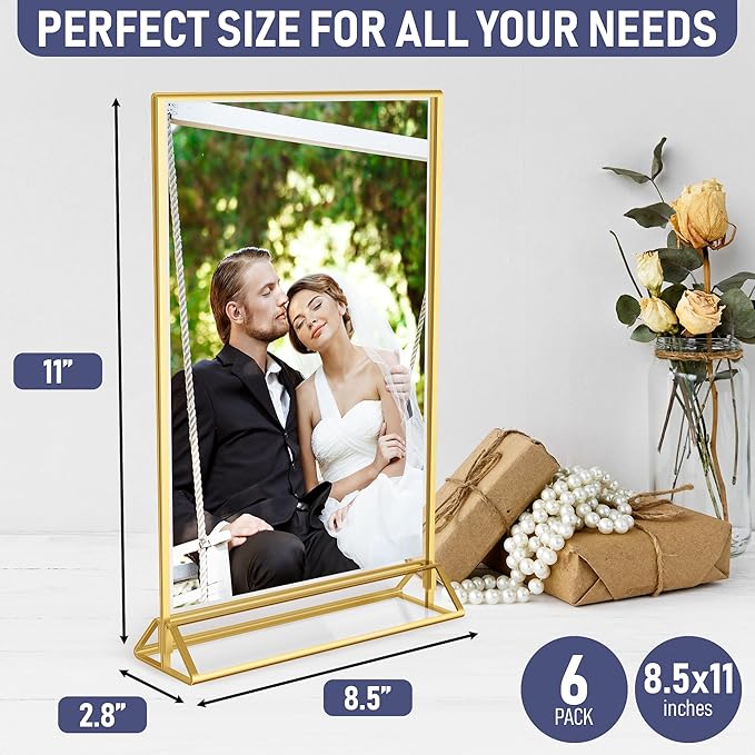 Gold Picture Frames Double-Sided, 6-Pack 8.5x11 Acrylic Table Number Holders, Clear Easel Stands for Signs, Gold Frames for Wedding Table Numbers, Menu Holders, and Photo Displays for Events and Décor