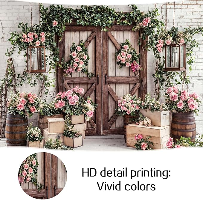 9x6ft Country Wedding Photography Backdrop Floral Rustic Roses Farmhouse Wooden Door Backdrop Pink Flower Birthday Baby Shower Wedding Bridal Party Banner Photo Booth Props Anniversary Background