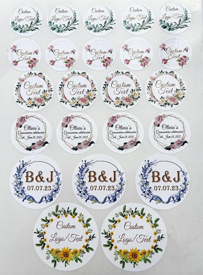 Custom Stickers for Weddings, Birthdays & Businesses - Personalized Labels with Your Logo - Waterproof, Fade and Heat Resistant - Pack of 100-1000 (Wreath F, 4 Inch)