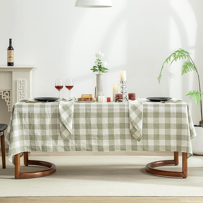 EVERLY 100% Yarn-Dyed Linen Rectangle Tablecloths 60x108Inches for Dining,Buffet Parties,Picnic,Events and Restaurants,Decorative Halloween,Thanksgiving Machine Washable Tablecloths-Sage Green Plaid