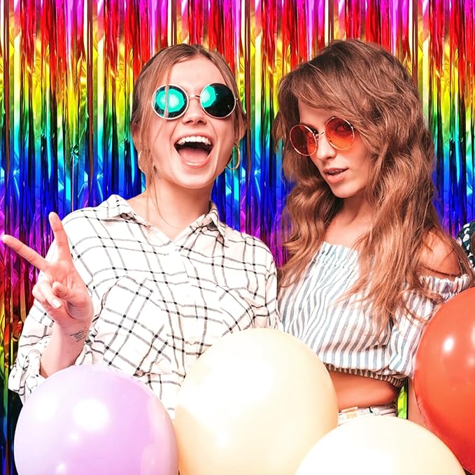 6 Pack Rainbow Foil Fringe Curtain Backdrop, 3.28Ft x 8.2Ft Metallic Tinsel Foil Fringe Streamer Curtains for Photo Booth, Birthday, Wedding, New Year Party Decorations
