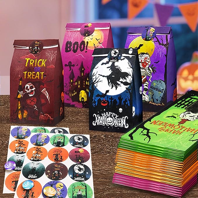 Halloween Treat Bags - 32Pcs Halloweens Trick or Treat Goody & Goodie Bag for Candy with Stickers, Halloween Party Favors Paper Trick or Treating Gifts Bags Halloween Candy Bags Party Supplies