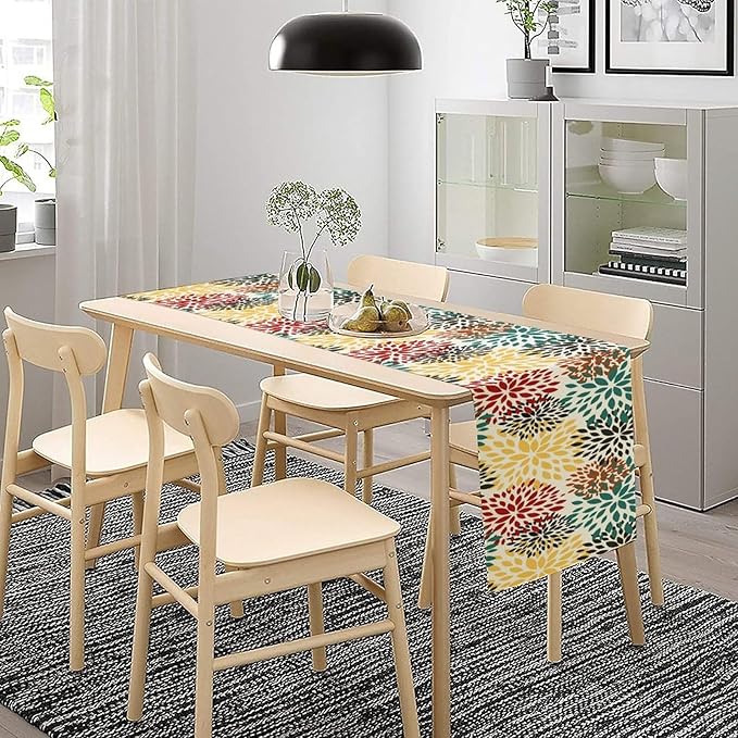 Green Red Dahlia Flower Table Runner Chrysanthemum Geometric Kitchen Dining Bedroom Living Room Table Decor for Indoor Outdoor Home Party, 13x108 Inch