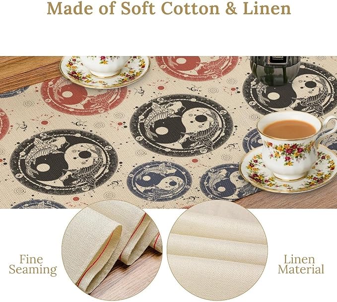 Yin Yang Table Runner, Vintage Mid Century Traditional Oriental Koi Fish Mystical Celestial Moon Stars Print Table Runner for Kitchen Dining Table Party Decor, 13x108inch