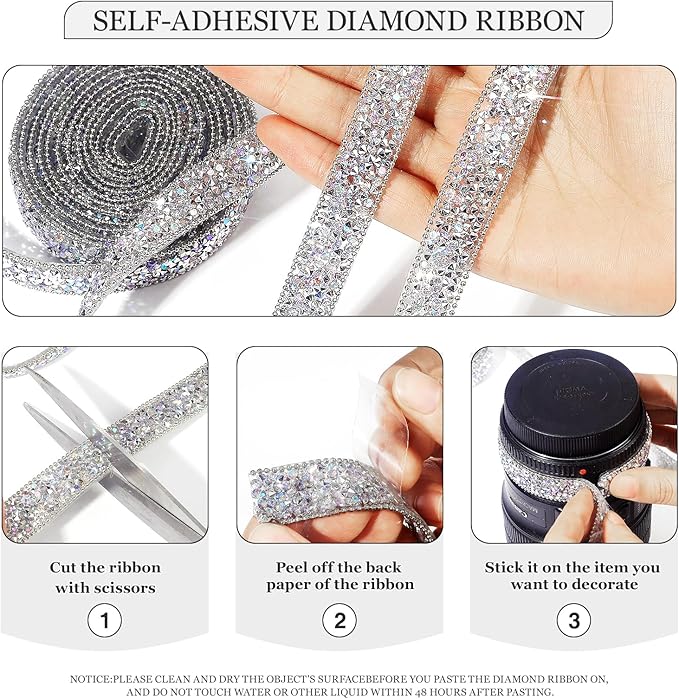Rhinestone Ribbon 3 Yards Self Adhesive Rhinestone Strips Diamond Ribbon Sticker Crystal Roll Glitter Bling Rhinestones Tape for Crafting DIY Art Decoration (Silver AB,0.6 Inch)