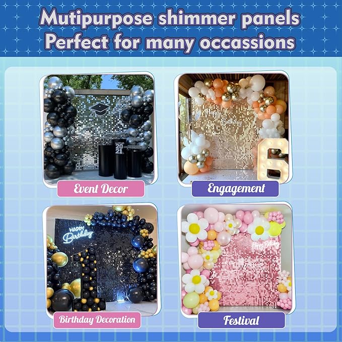Qcity Pink Shimmer Wall Backdrop 36PCS, Black Back Not See-Through Design, Square Sequin Glitter Backdrop Panel, Perfect for Outdoor Events, Birthdays, Wedding and Party Decoration