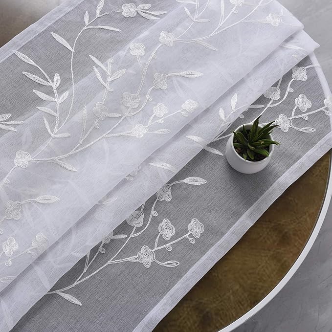 Embroidery Sheer Curtains White 95 Inches, Floral Pattern Window Treatments Rod Pocket Drapes for Living room, Bedroom, Semi Voile Curtain Panels for Yard, Patio, Villa, Parlor, Set of 2, 52"x 95".