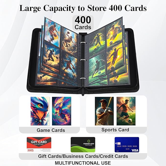 Trading Card Binder 4 Pocket with Display Window, 400 Cards Capacity Card Binder, Waterproof PU Leather Photocard Baseball Card Binder for MTG, TCG, Sports Cards, Black w/Clear Display Window