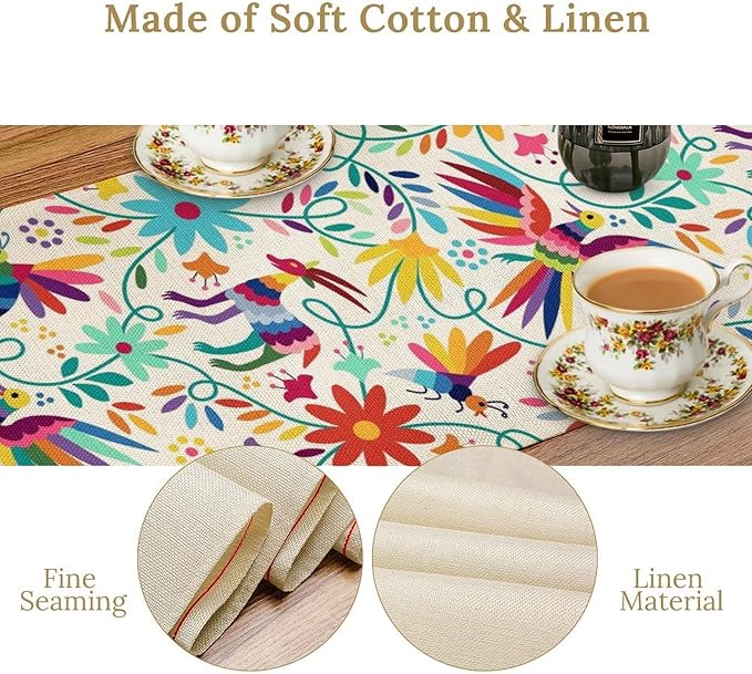 Mexican Table Runner,Boho Colorful Nature Inspired Flowers and Birds Table Cloth Kitchen Dining Table Home Party Decoration 13x36 Inch