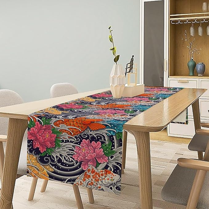 Japanese Retro Flowers Table Runner Oriental Tradition Kio Fish Art Printed Burlap Runner Home Kitchen Dining Table Living Room Decor Fabric 1 Panel W13xL90in