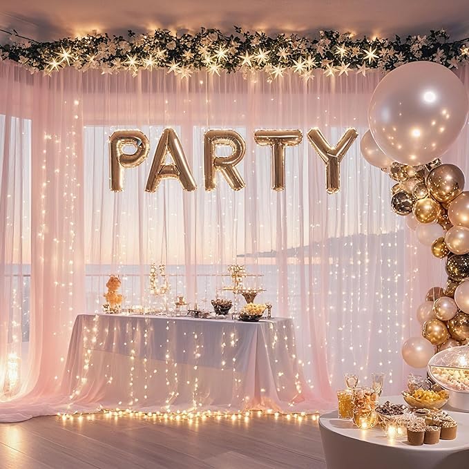 10×10ft Tulle Backdrop Curtains with Lights String - 300LED Fairy Lights Sheer Curtain Backdrop for Weddings Baby Shower and Birthday Party Decorations(2 Panels 5×10ft)