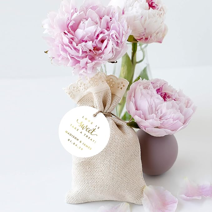 Andaz Press Personalized Round Circle Wedding Gift Tags, Metallic Gold Ink, Love is Sweet Take a Treat, 24-Pack, Custom Made Any Name, Not Gold Foil