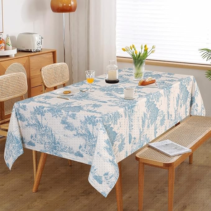 MYSKY HOME Linen Vintage Rectangle Tablecloth 60x120 Inches, Blue Castle Print Table Cloth for Dining Table I Tabletop I Parties/Outdoor I Spring/Summer Waterproof Fabric Farmhouse Tablecloth