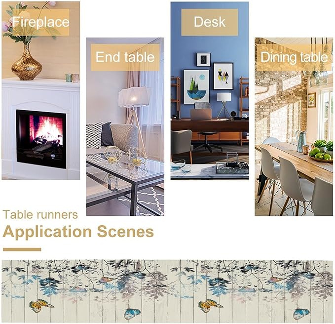 Nature Dandelion Table Runner,Rustic Floral Wood Plank Butterfly Girl Women Pattern Print Burlap Tablecloth for Hotel Indoors Outdoor Dining Room Kitchen Table Decor, 13x90in