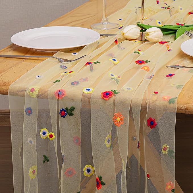 BINBE 1pcs Daisy Fall Table Runner Embroidery Gauze 10FT Florals Seasonal Tulle Holiday Birthday Kitchen Dining Table Decor for Home Party Yellow