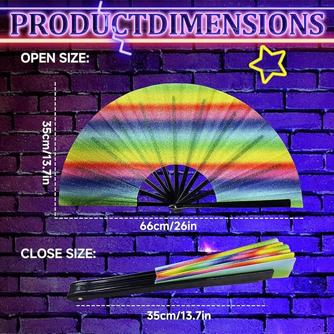 13'' Large Glitter Rave Fan Folding Hand Fans for Men Women Line Dancing Portable Handheld Clack Fan for Festival EDM Party Music Outfit Accessories
