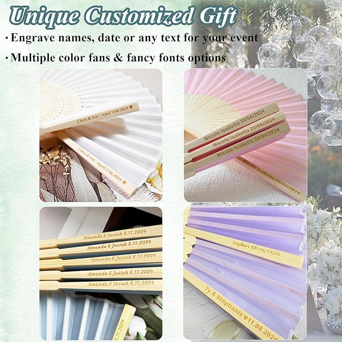 60 Set Personalized Cream Wedding Fans for Guests Bulk, Custom Engraved Summer Wedding Fans, Silk Hand Fans Handheld Folded Fan Baby Shower Favors for Bridal Bridesmaid Gift Church Dancing Party