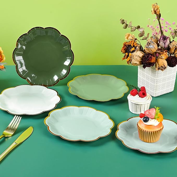 Sage Green Party Plates Gradient Green Dessert Paper Plates 7inch Gold Foil Scalloped Edge Disposable Cake Plates for Birthday Bridal Baby Shower Wedding Party Supplies (24)