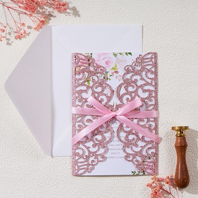 25pcs Glitter Laser Cut Wedding Invitation Kits Pink Personalized Invitation Pockets 5×7 Invitations with Envelopes and RSVP Cards Blank for Wedding Quinceanera Bridal Shower Engagement Birthday Party