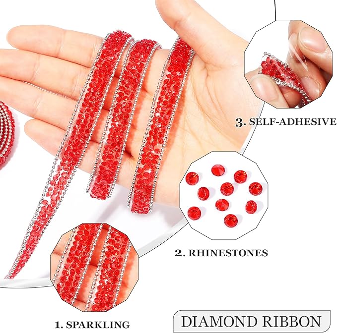 Rhinestone Ribbon 3 Yards Self Adhesive Rhinestone Strips Diamond Ribbon Sticker Crystal Roll Glitter Bling Rhinestones Tape for Crafting DIY Art Decoration (Red,0.4 Inch)