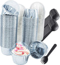 Foil Cupcake Liners with Lids 100Pack,Free-Air 3.5Oz Foil Baking Cups Mini Muffin Liners,Disposable Muffin Tins Muffin Cups,Sturdy Baking Tins Cupcake Wrappers for Individual Bakery,with Spoons-Silver