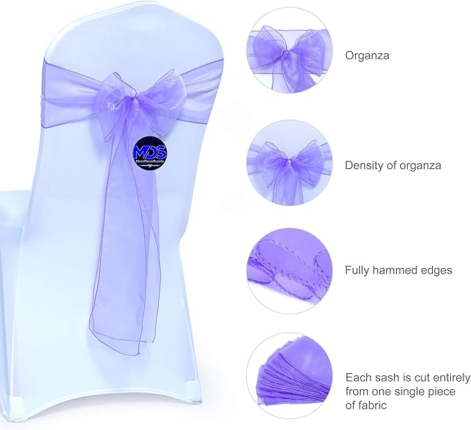 MDS Pack of 150 PCS Organza Chair Sashes Wider Dining Chair Bows Ribbon Tie Back for Wedding Party Birthday Bridal Shower Reception Event Banquet Home Chair Cover Decoration - Lavender