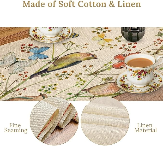 Brown Bird Floral Table Runner Spring Flower Kitchen Table Decoration Suitable for Family Dinner Decoration 13x70 Inch