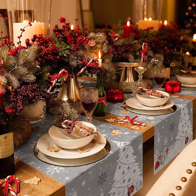 Christmas Snowflakes Cotton Linen Table Runner for Dining Kitchen, Xmas Tree Snow Winter Wedding Outdoor Party Tablerunners Decoration, Grey Balls Dresser Scarf Coffee Tablecloth Runners 13x48 Inches