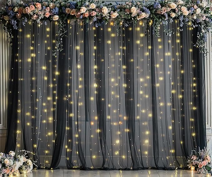 20ft x 10ft Black Tulle Photo Backdrop Curtain with Lights String for Parties Sheer Black Curtain Backdrop for Birthday Party Baby Shower Wedding Photo Booth Photography Background Decorations
