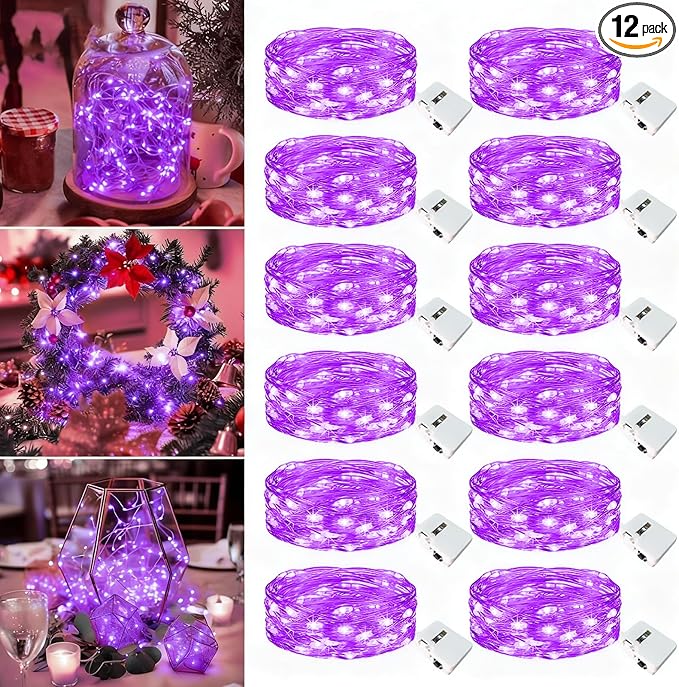 12 Pack Fairy Lights Battery Operated - 7ft 20 Led Twinkle Lights 3 Modes, Bulk Mini String Lights Waterproof for Halloween Holiday Mason Jars DIY Party Decoration Christmas-Purple