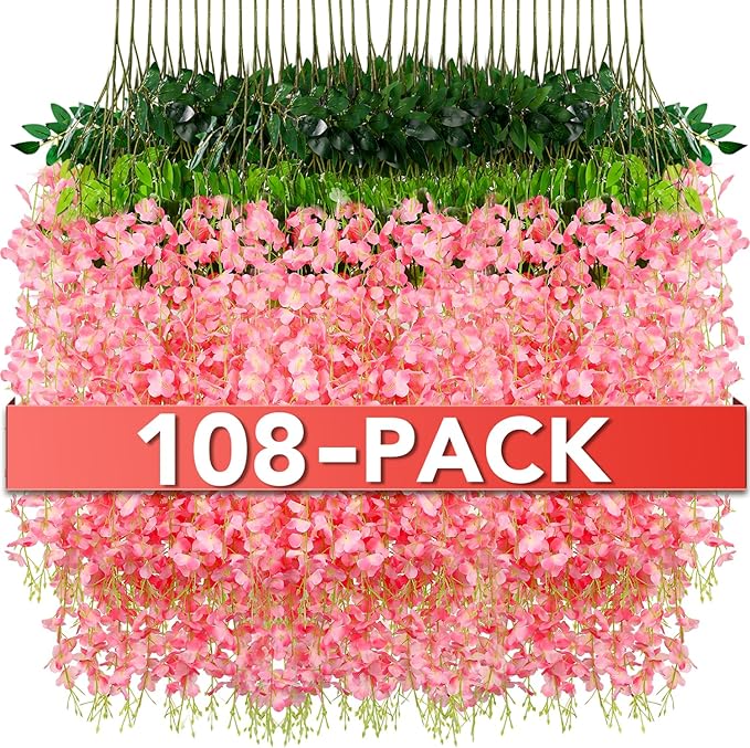 Wisteria Hanging Flowers,Fake Hanging Flowers,Wisteria artificiales Garland for Home Wedding Arch Floral Party Garden Ceremony Outdoor Decor,3.6 feet Long(108,Pink)