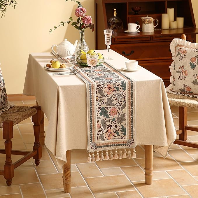 ISAENNE Designer Bohemian Linen Table Runner 87 Inches Long,Elegant Lotus Flowers Pattern Decor Table Runners for Dining Tables,Thanksgiving,Kitchen Tables,Christmas,12"*87"-Hazel A