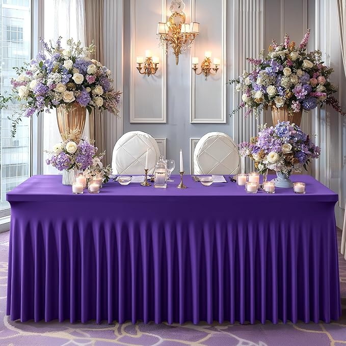 Wish Care 2 Pack Dark Purple Spandex Table Clothes for 4 Foot Rectangle Tables, 4FT Wrinkle Free Fitted Tablecloths Ruffles Design Table Cover for Party, Banquet, Wedding and Events