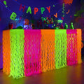 Mega-L Glow in The Dark Party Supplies, 4 Pack Neon Party Decorations Fluorescent Macaron Orange, Yellow and Fuchsia Wavy Metallic Tinsel Foil Fringe Table Skirts, Perfect Table Decors Glow Decors