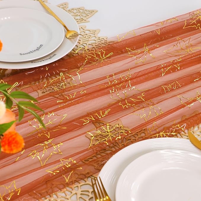 Snowkingdom Terracotta Gold Table Runner 10Ft, Gold Maple Leaves Burnt Orange Gauze Chiffon Runners 120 Inch, Fall Glitter Dining Table Centerpieces Decorations for Thanksgiving Autumn Harvest Party