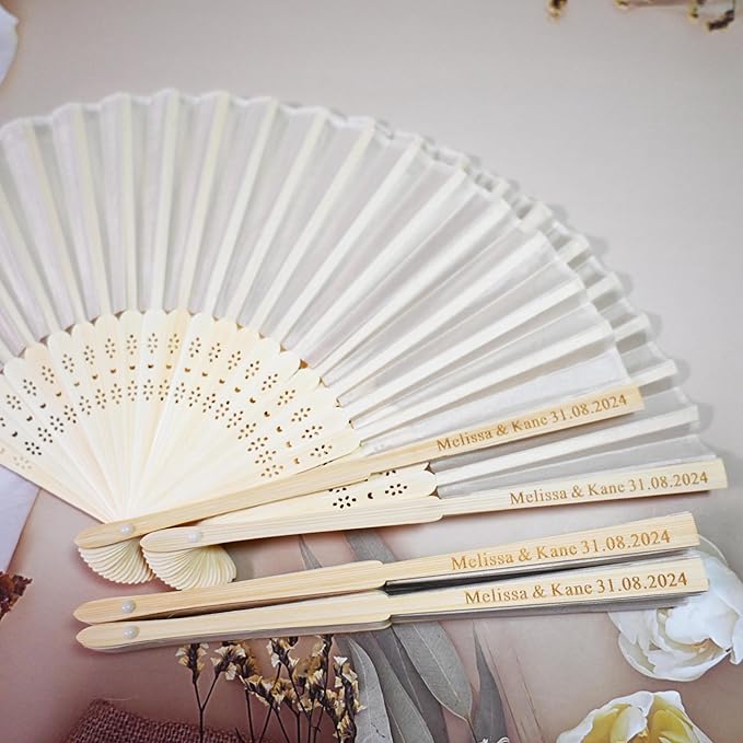 25 Pcs Personalized Cream Hand Fans for Wedding, Custom Engraved Silk Fans Folding Hand Fans, Summer Wedding Fans, Custom Wedding Party Favor Bridal Shower Gifts Baby Shower Favors