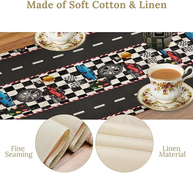 Race Car Table Runner,Checkered Flag Black and White Race Cars Pattern Print Tablecloth Burlap for Hotel Indoors Outdoor Dining Room Kitchen Home Decor,W13X L70 in